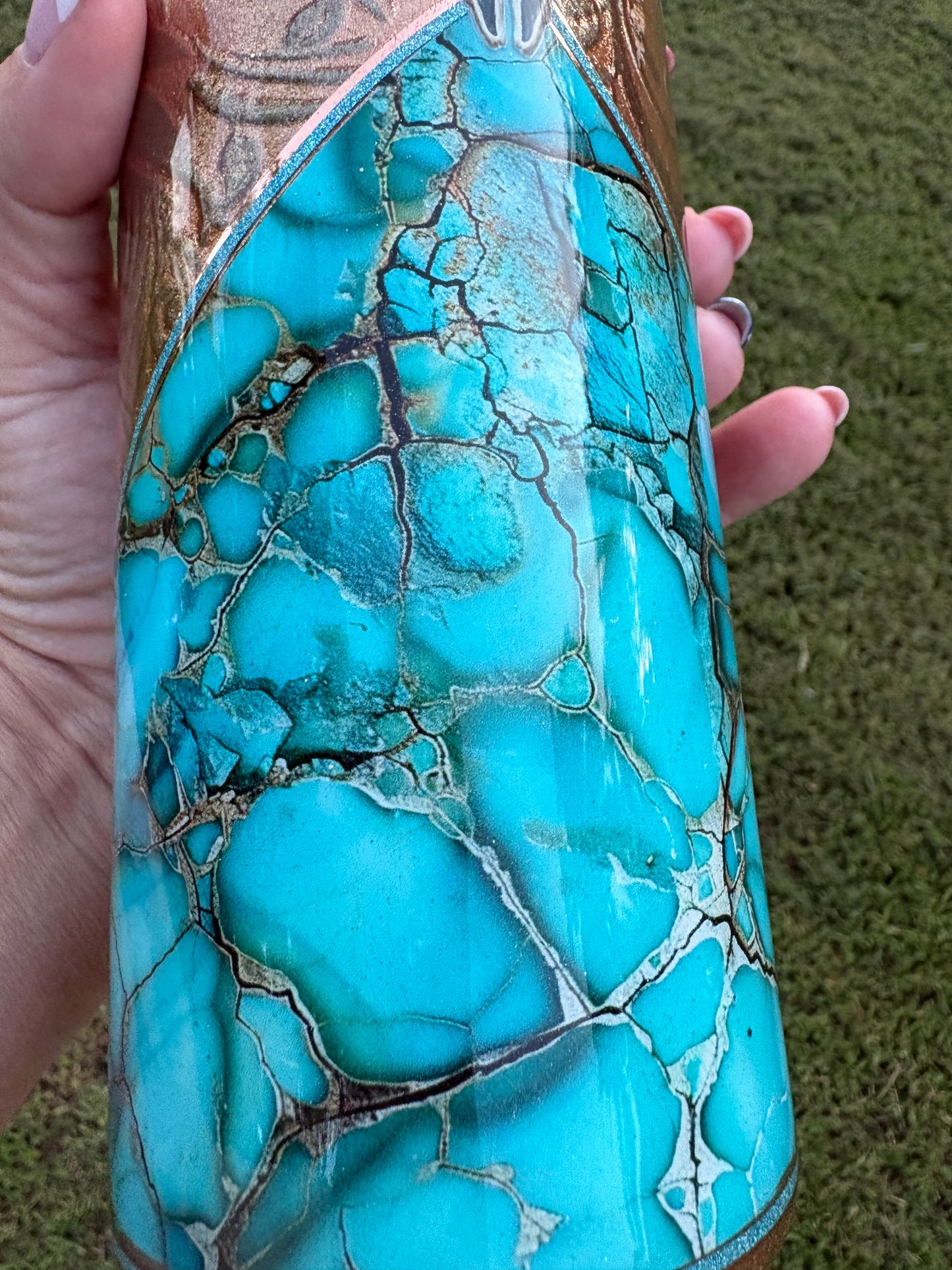 Western Floral Cow Skull Skinny Tumbler | Handmade Turquoise & Bronze Tumbler