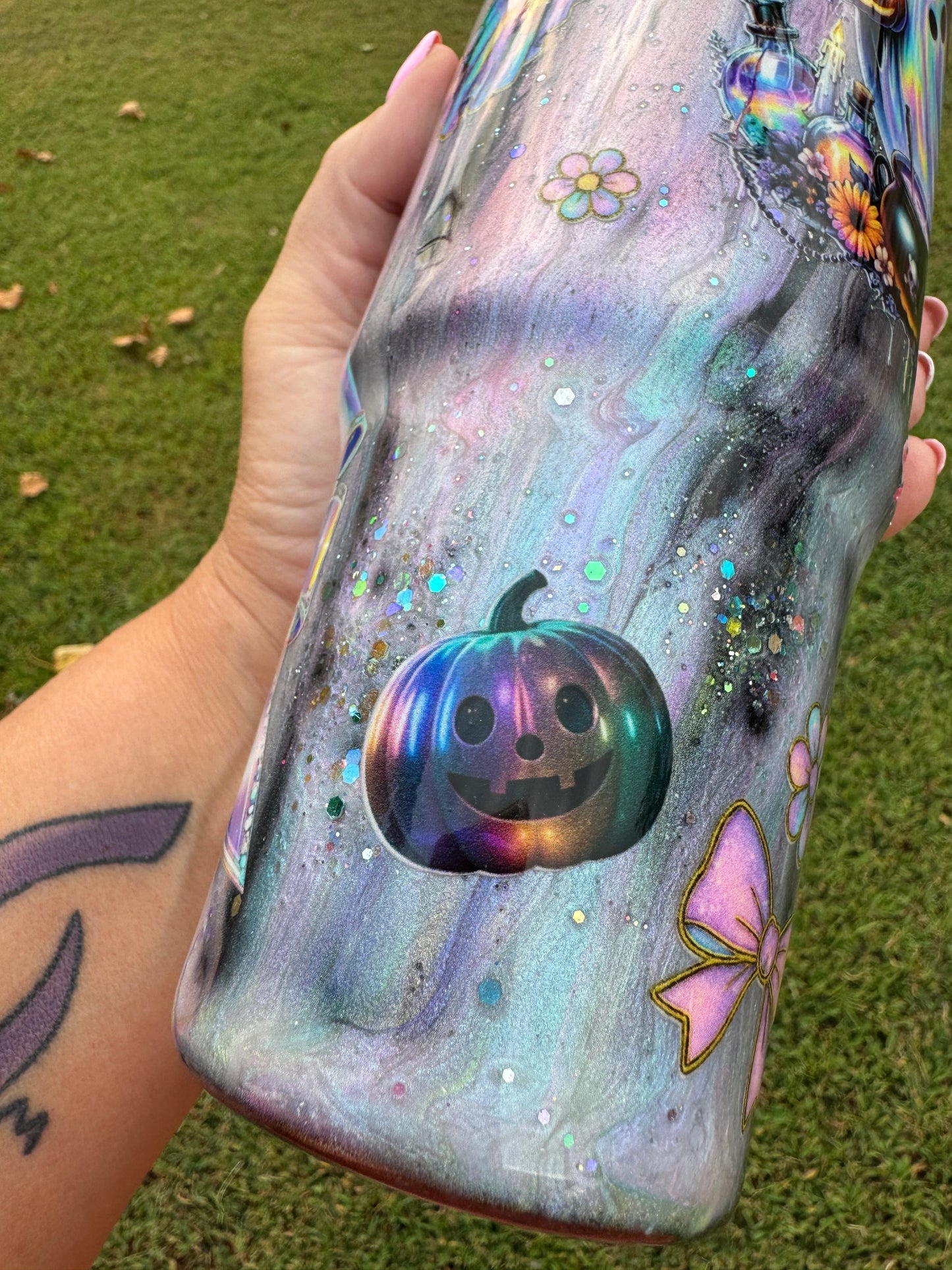 Pastel Rainbow Ghost Witch Halloween Tumbler | Iridescent Glitter