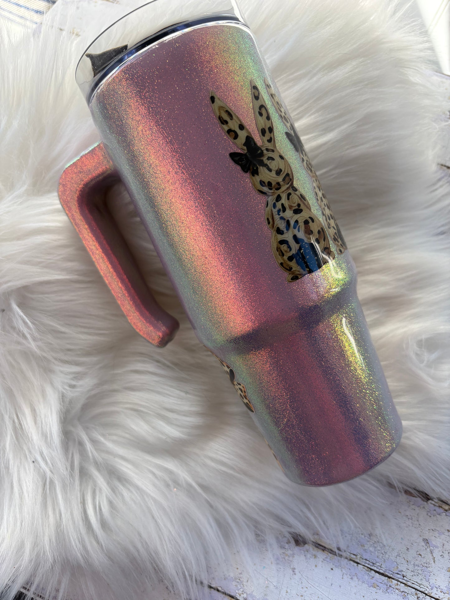 Leopard Bunny 30 oz Handled Glitter Tumbler