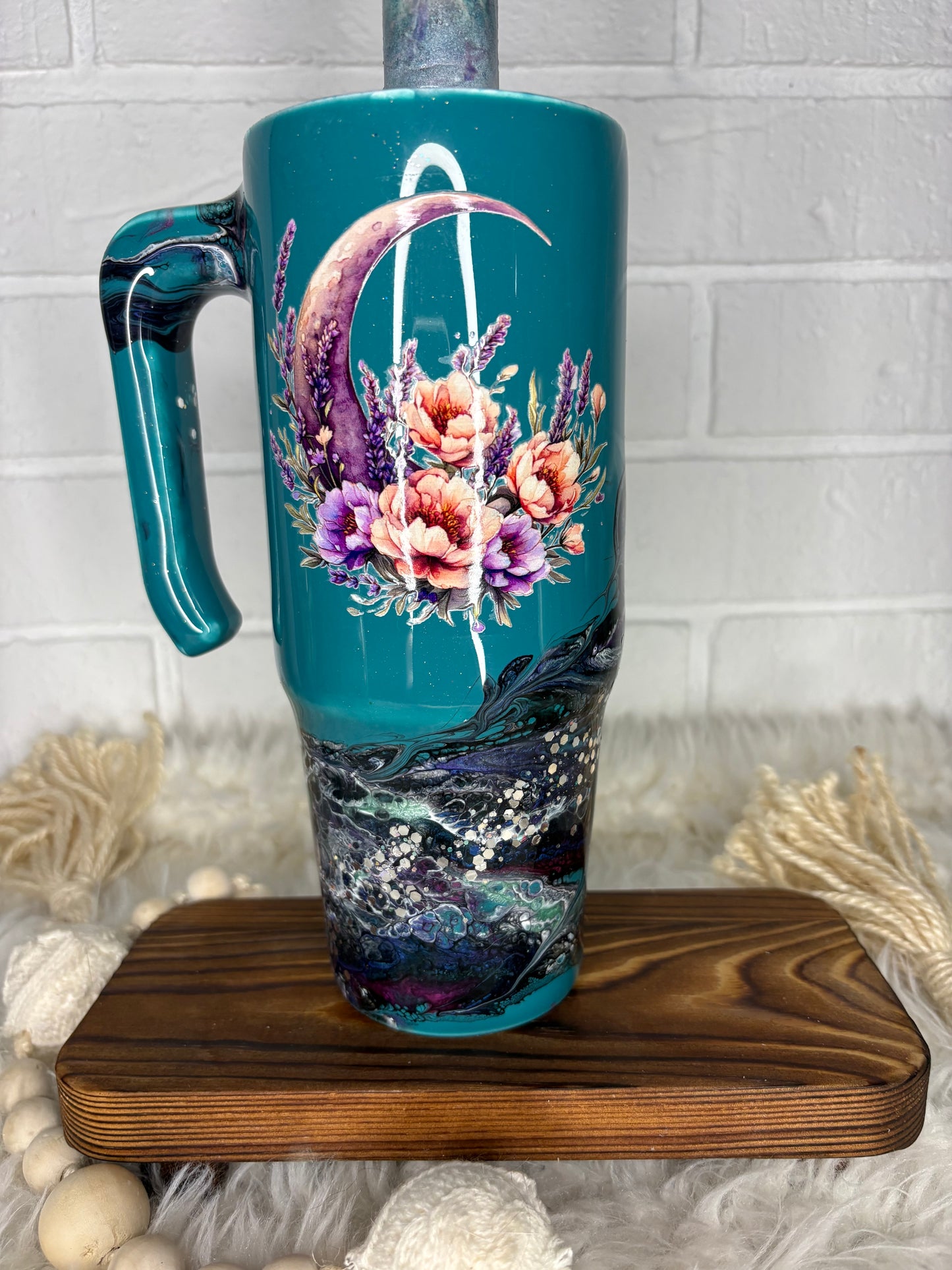 30 oz Teal Marble Tumbler with Handle – Hand Poured Epoxy Grippy Cup – Galaxy Swirl Floral Crescent – One of a Kind Statement Drinkware