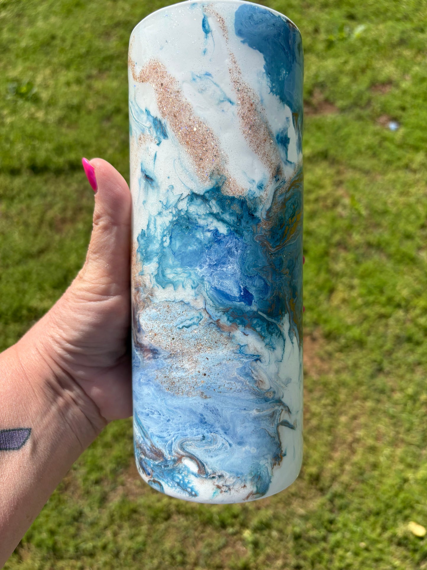 One of a Kind Handmade Decorative Vase – Ocean Inspired Blue & White Shimmer Design