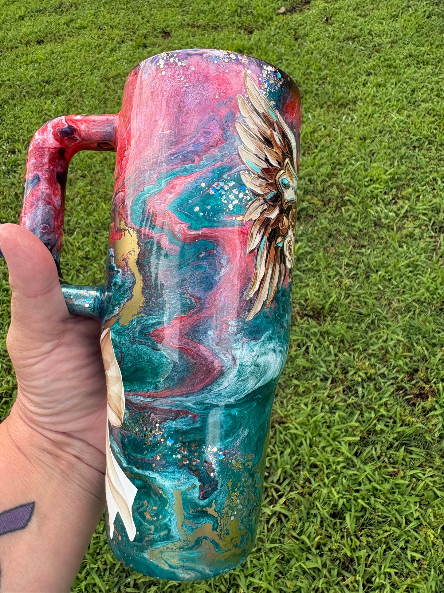 30 oz Handled Winged Turquoise Cross Tumbler