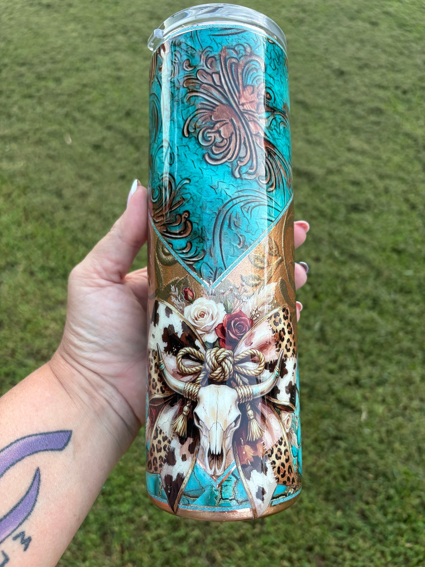 Western Floral Cow Skull Skinny Tumbler | Handmade Turquoise & Bronze Tumbler