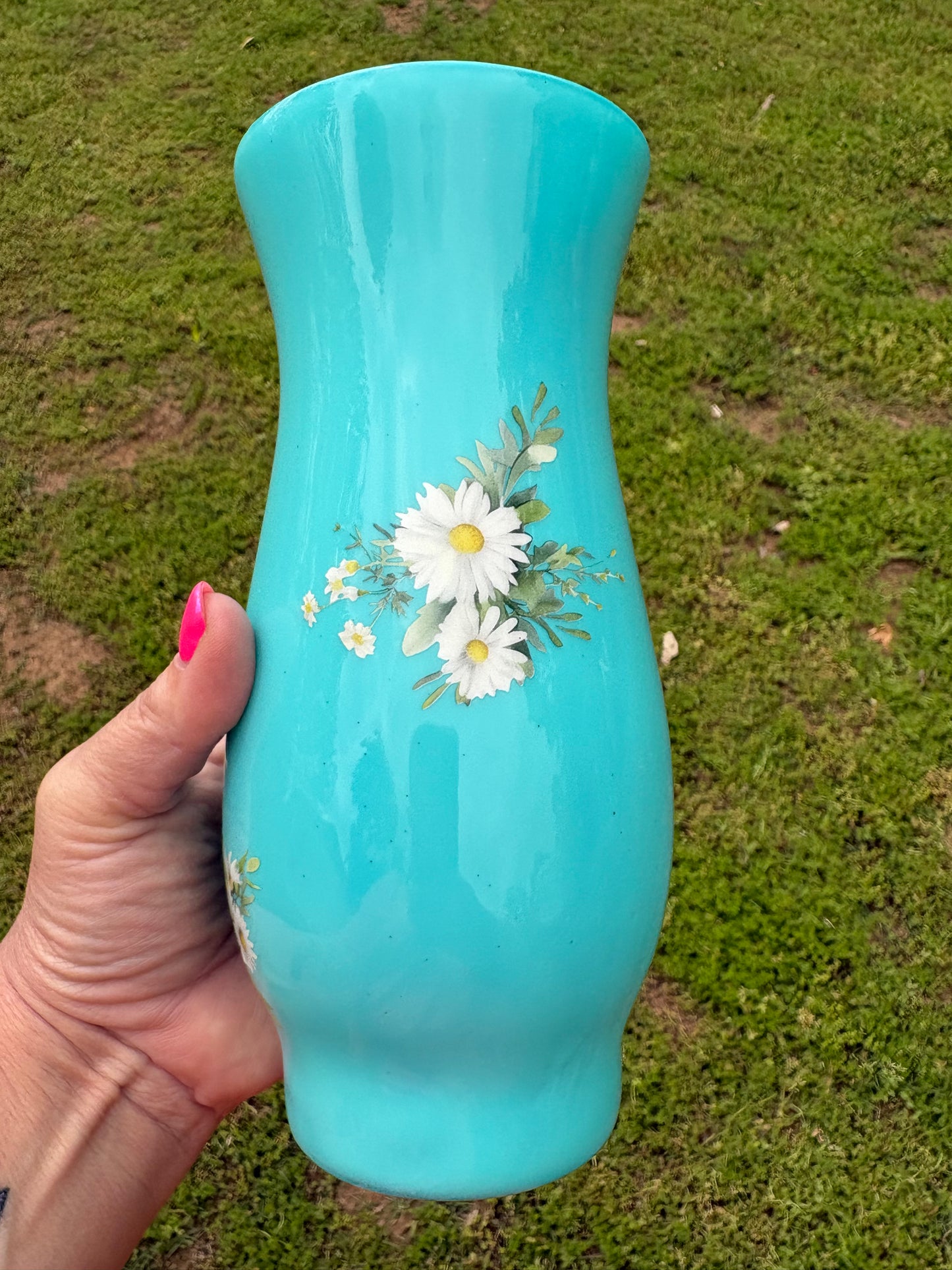 One of a Kind Handmade Teal Daisy Decorative Vase – Floral Home Decor
