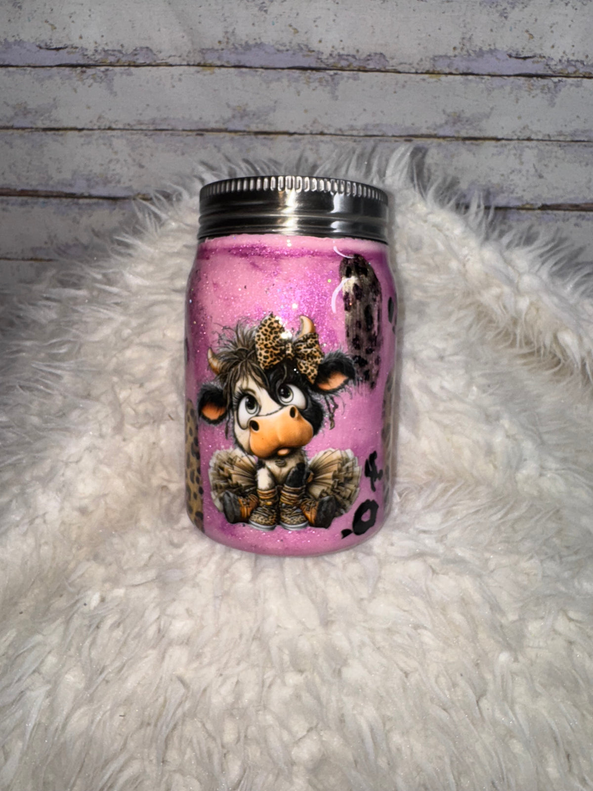 Pink Leopard Cow – 10 oz Stainless Steel Mason Jar Tumbler