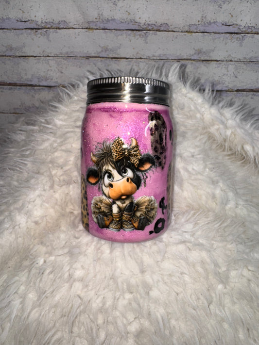 Pink Leopard Cow – 10 oz Stainless Steel Mason Jar Tumbler