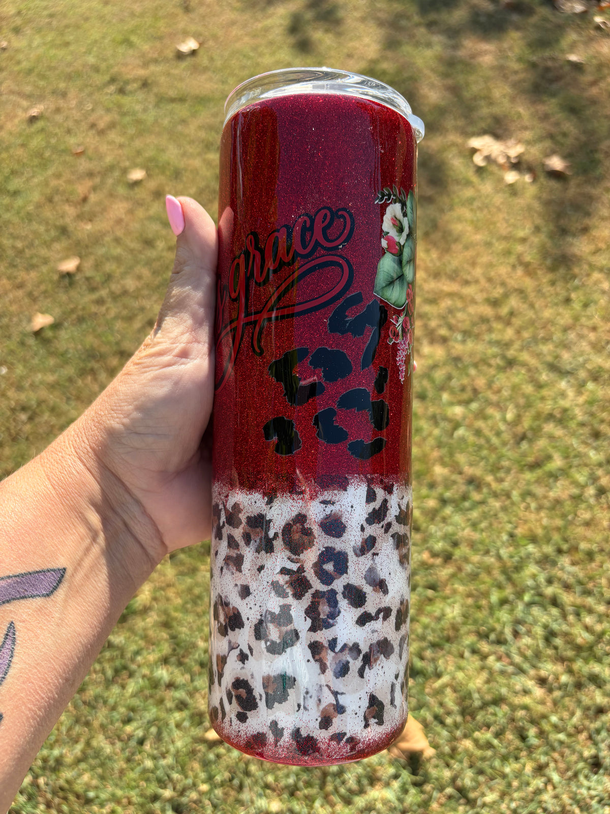 By His Grace Elegant Red Glitter & Leopard Tumbler