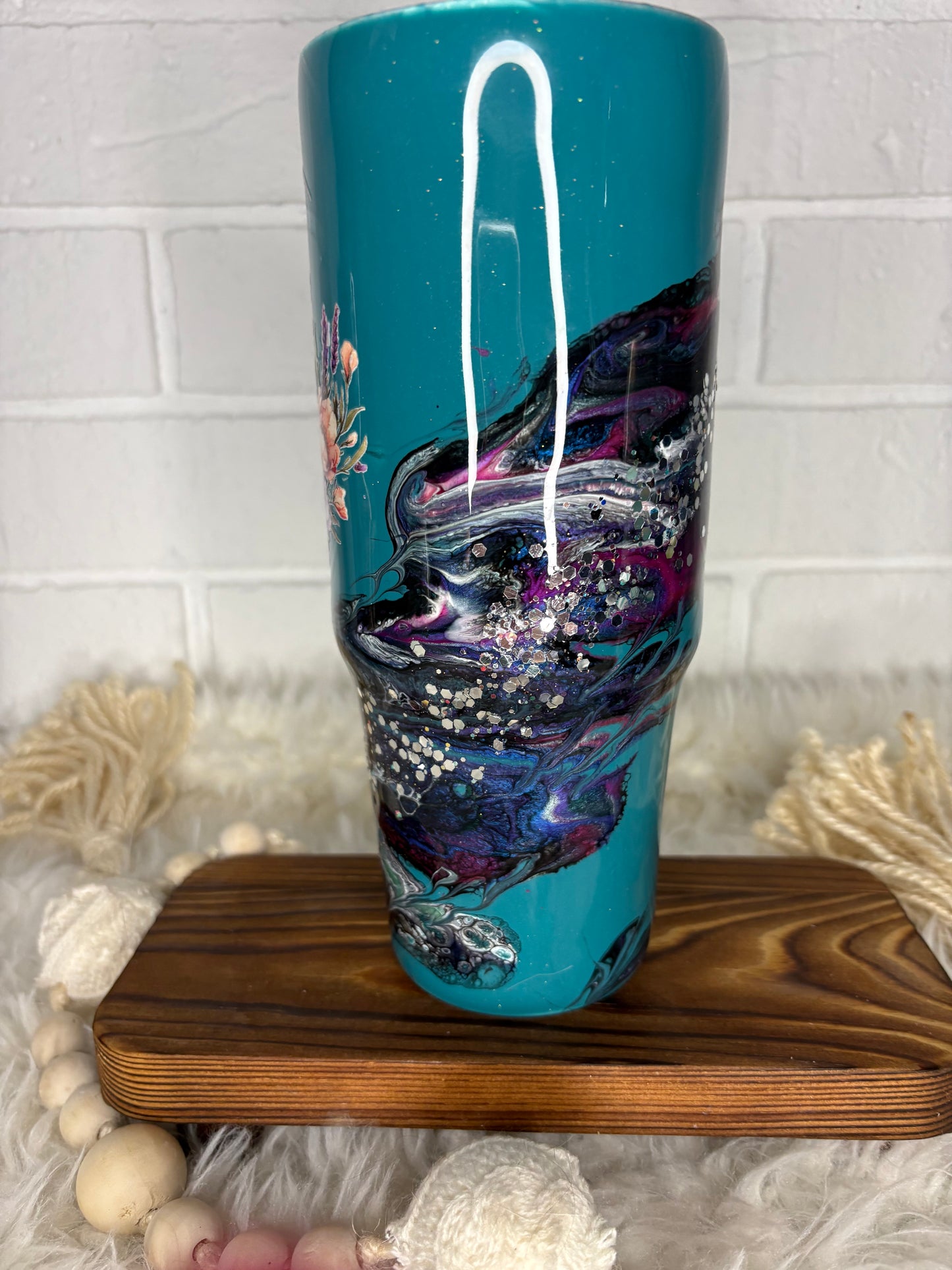 30 oz Teal Marble Tumbler with Handle – Hand Poured Epoxy Grippy Cup – Galaxy Swirl Floral Crescent – One of a Kind Statement Drinkware