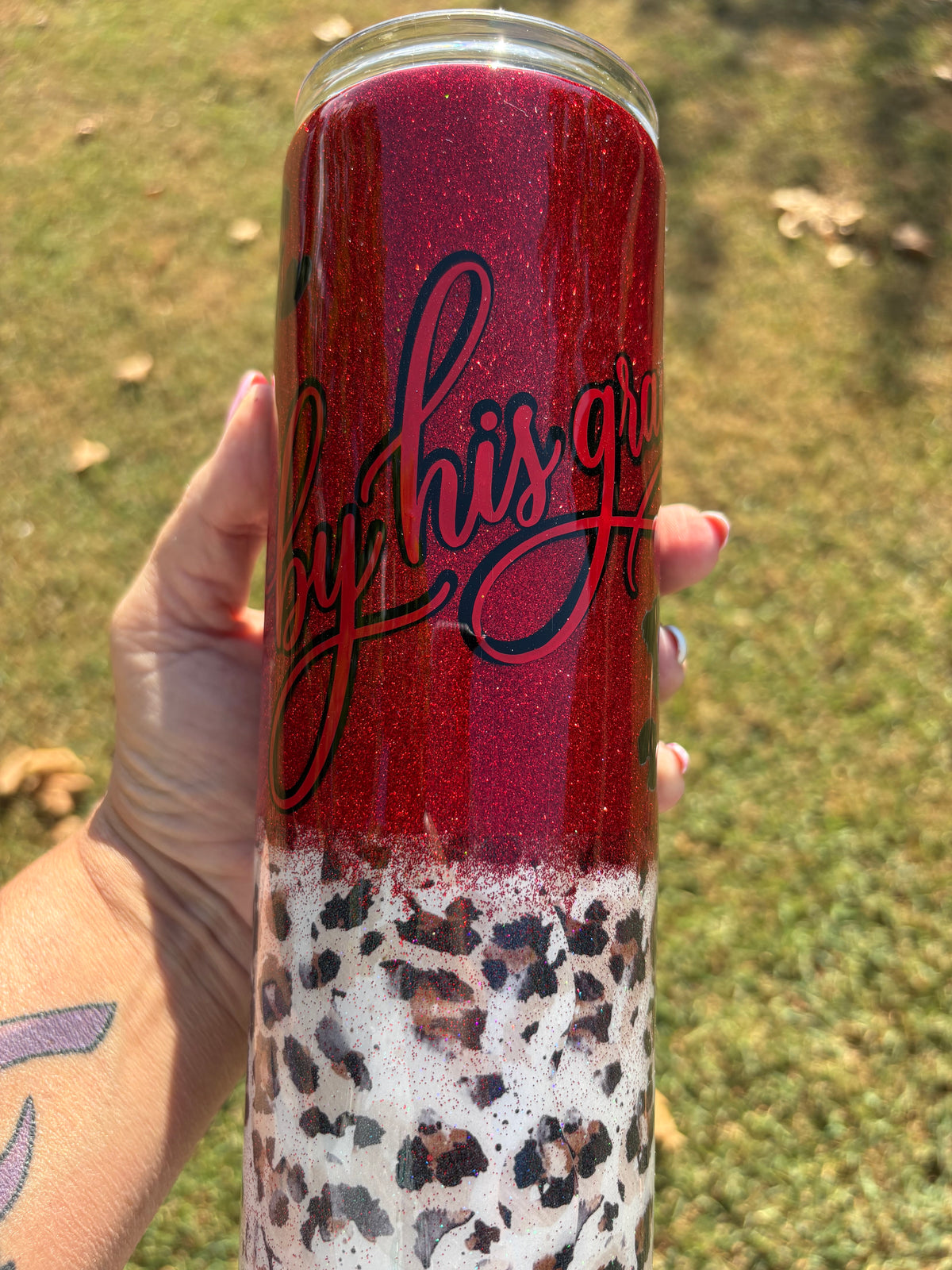 By His Grace Elegant Red Glitter & Leopard Tumbler