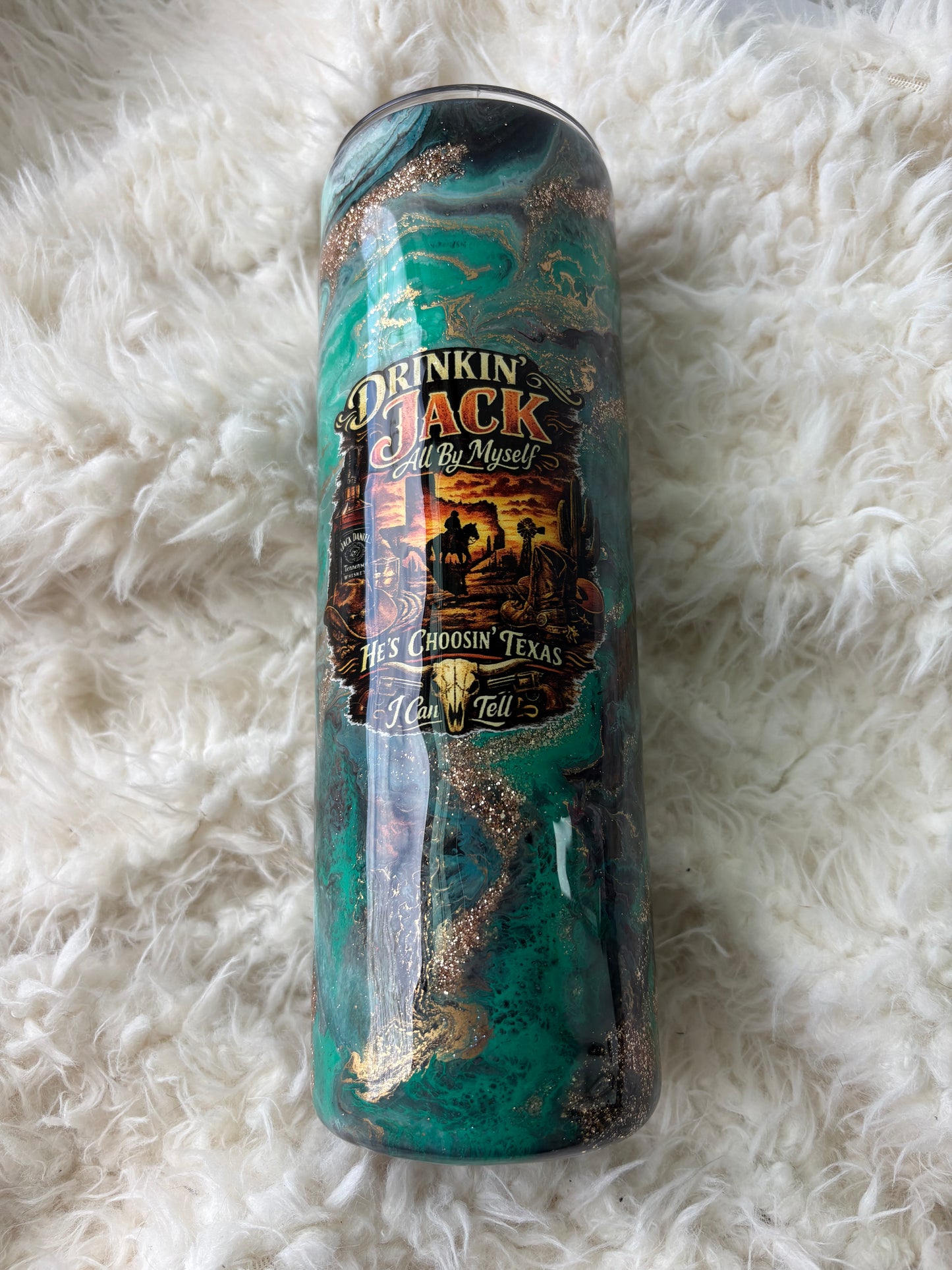 Drinkin’ Jack Western Tumbler – 30 oz Skinny | Teal, Black & Gold Marble Epoxy Cup
