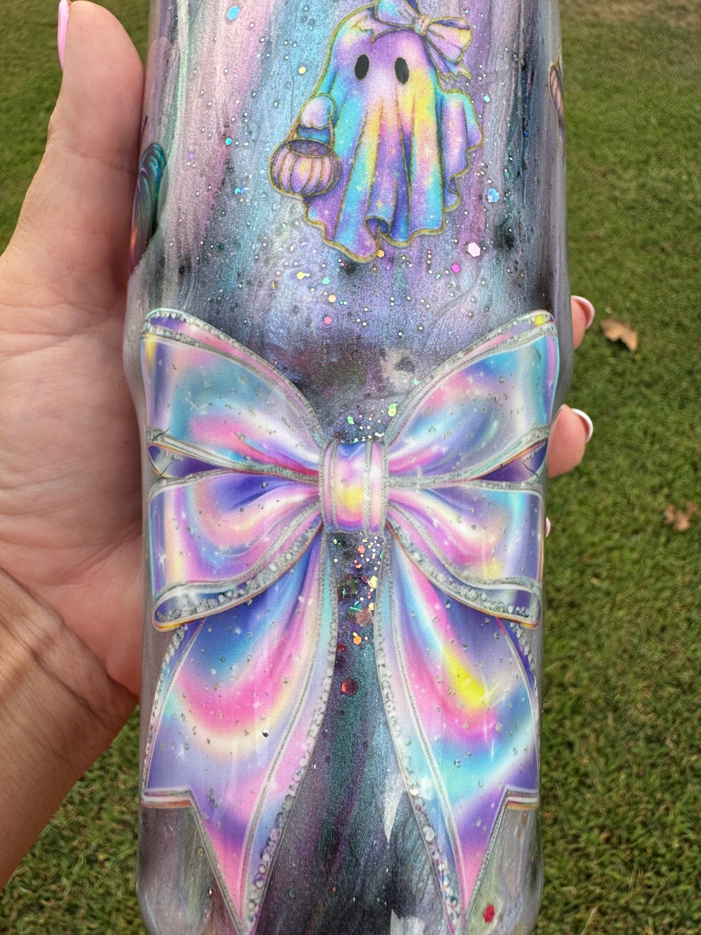 Pastel Rainbow Ghost Witch Halloween Tumbler | Iridescent Glitter
