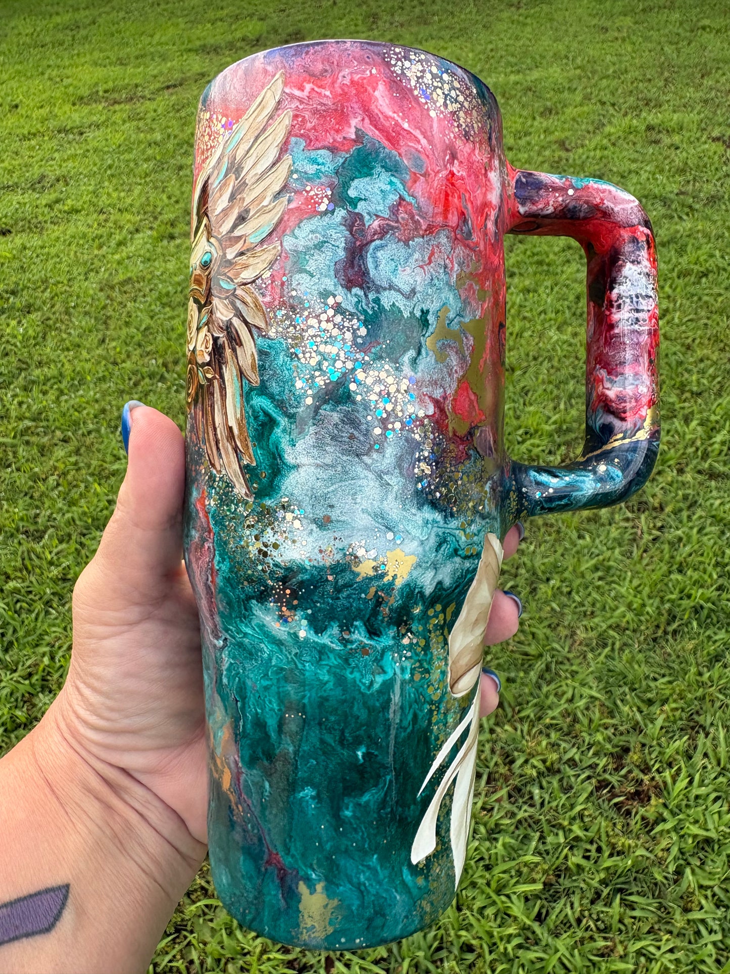 30 oz Handled Winged Turquoise Cross Tumbler