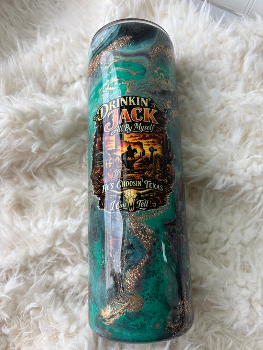 Drinkin’ Jack Western Tumbler – 30 oz Skinny | Teal, Black & Gold Marble Epoxy Cup