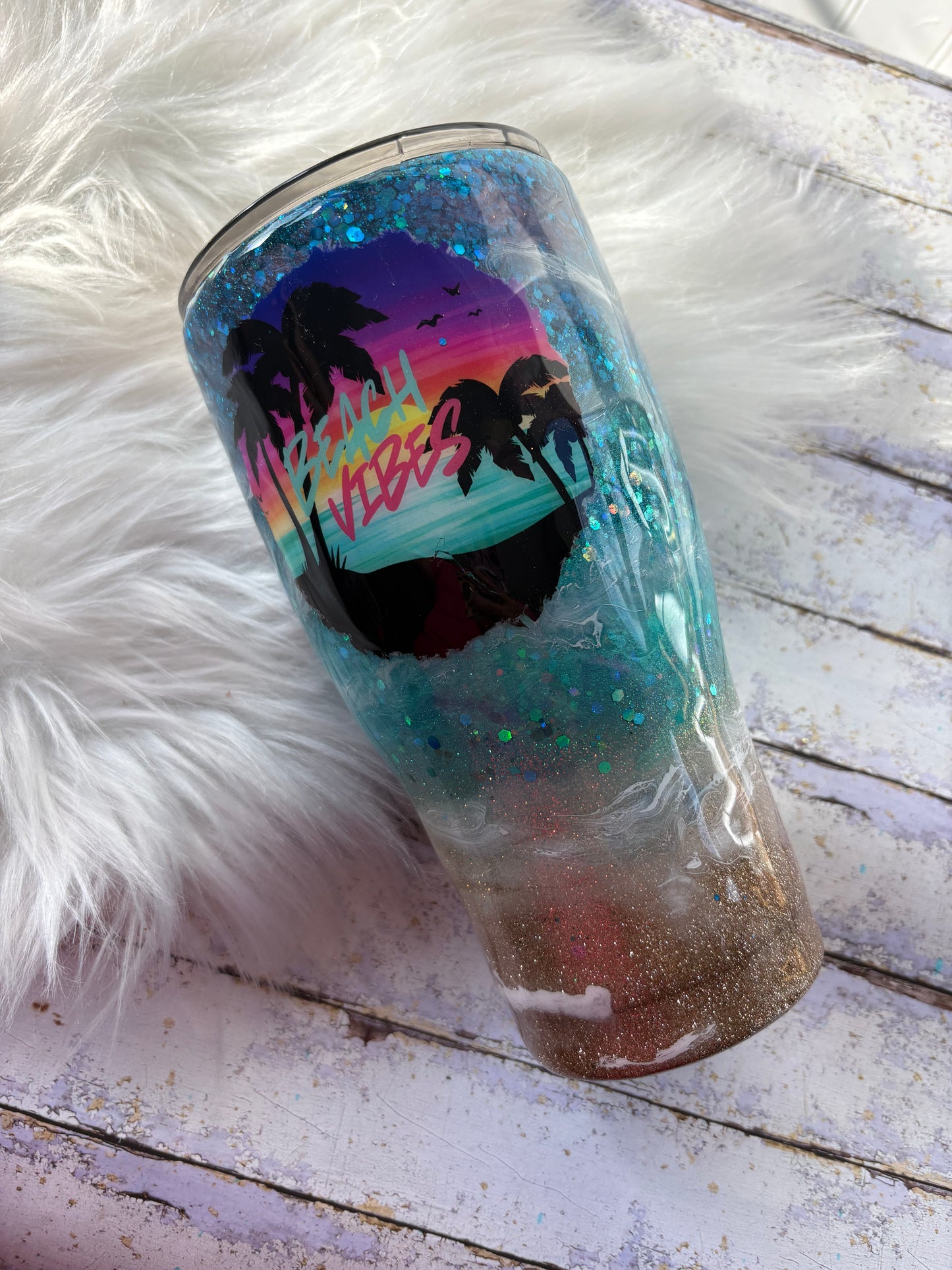 Beach Vibes Glitter Tumbler – 30 oz Coastal Inspired Cup