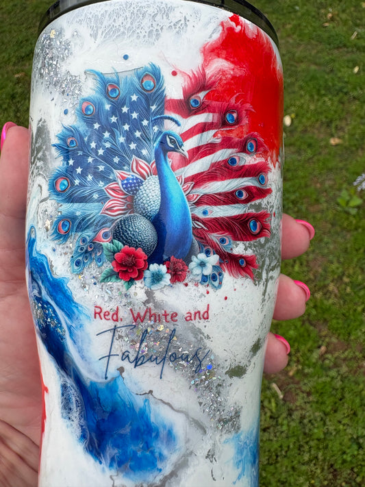 🇺🇸✨ 20 oz “Red, White and Fabulous” Patriotic Peacock Tumbler ✨🇺🇸