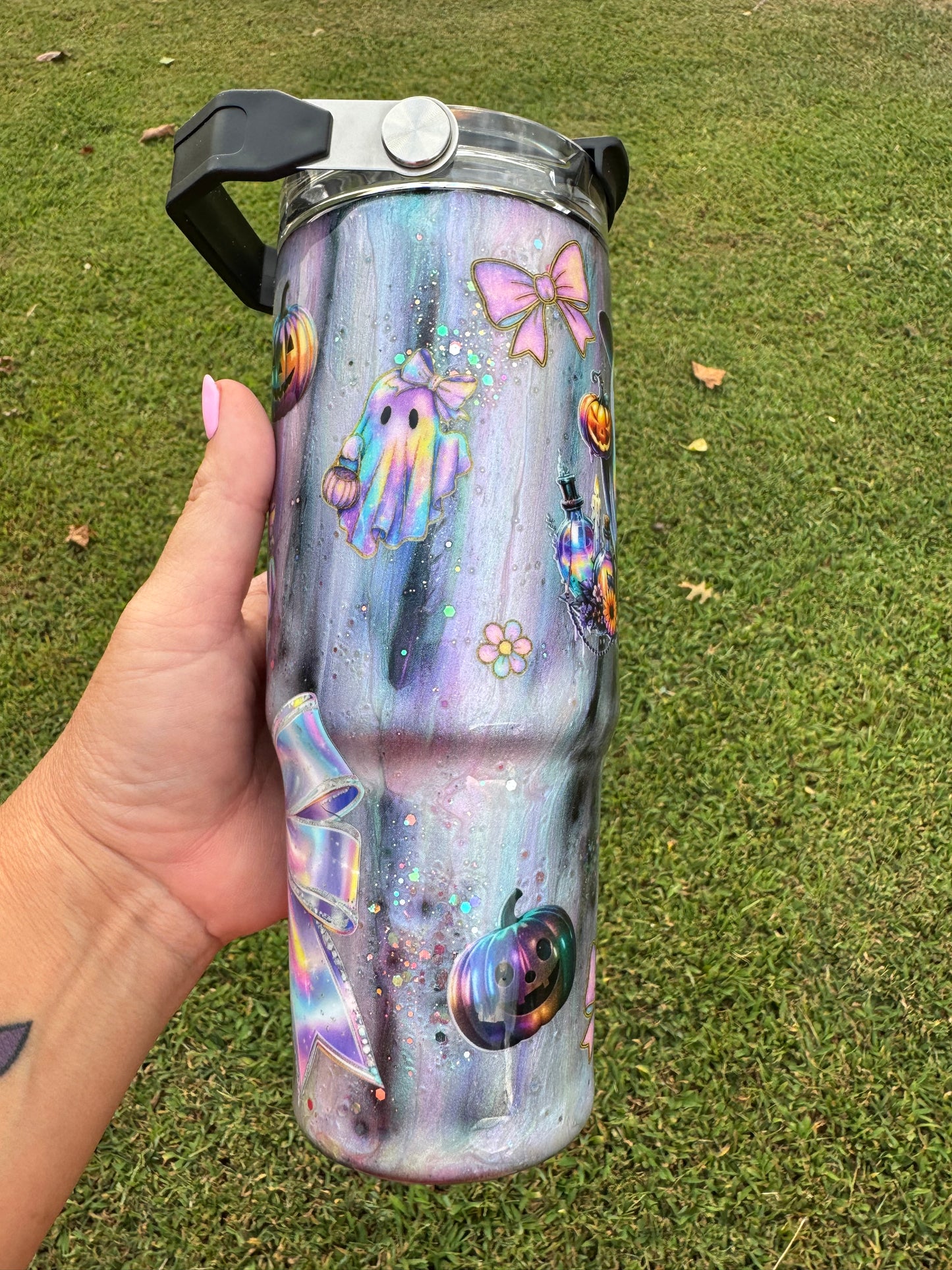 Pastel Rainbow Ghost Witch Halloween Tumbler | Iridescent Glitter