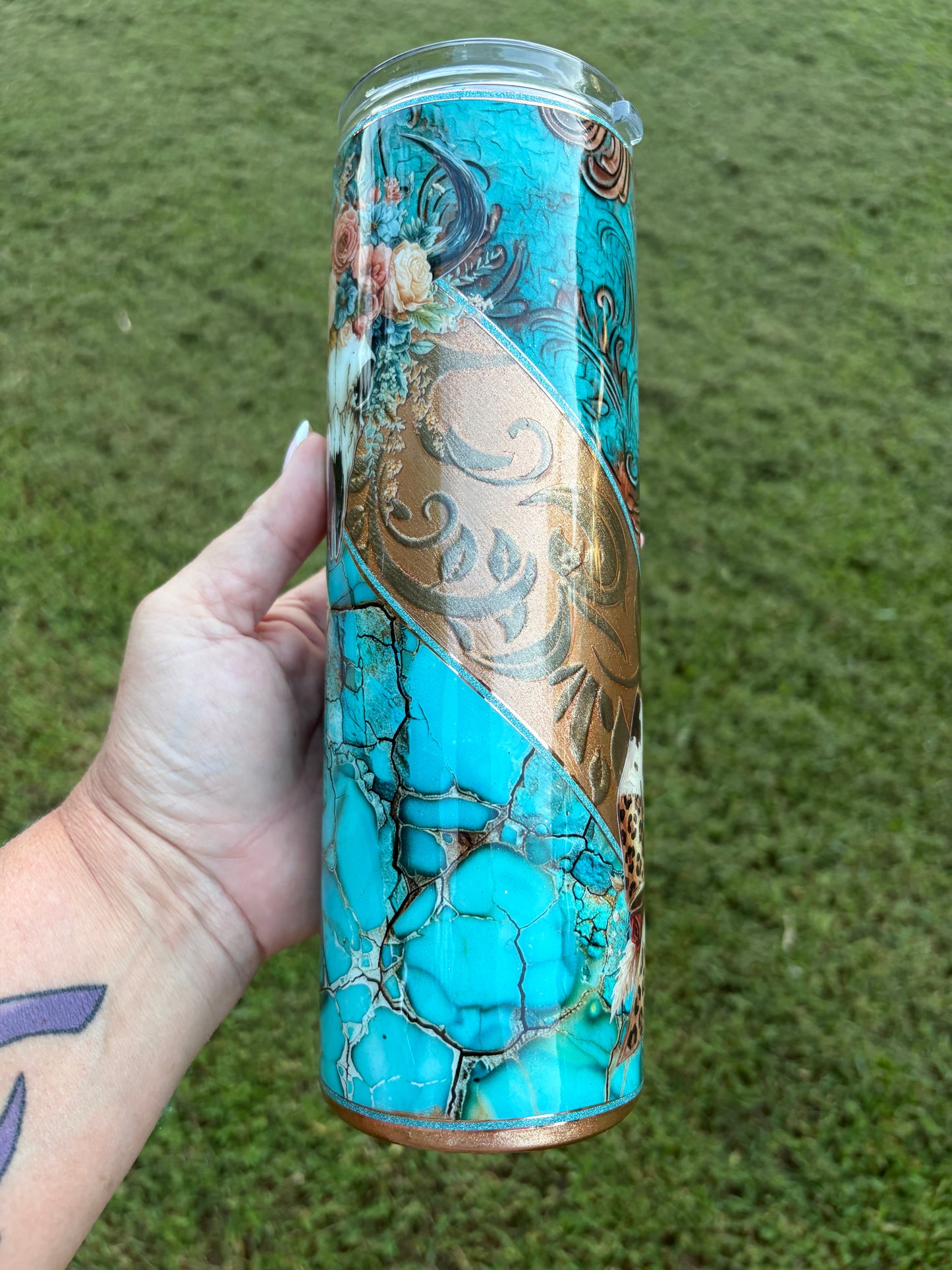 Western Floral Cow Skull Skinny Tumbler | Handmade Turquoise & Bronze Tumbler
