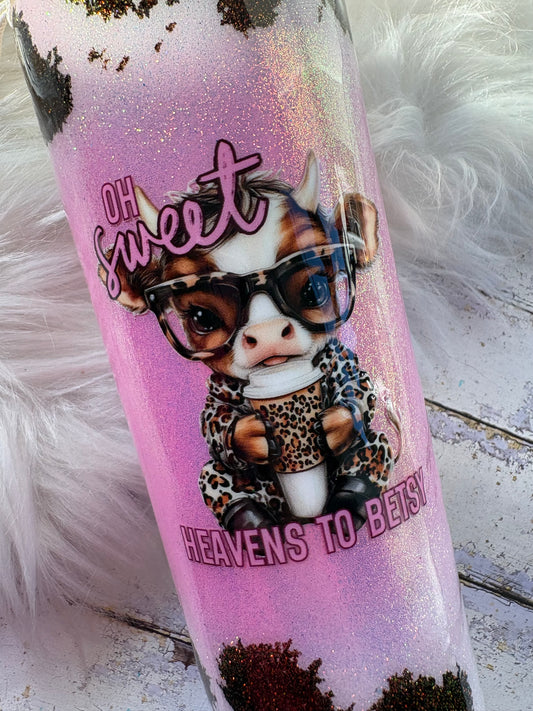 Pink Cow Print Glitter Coffee Tumbler – 20 oz