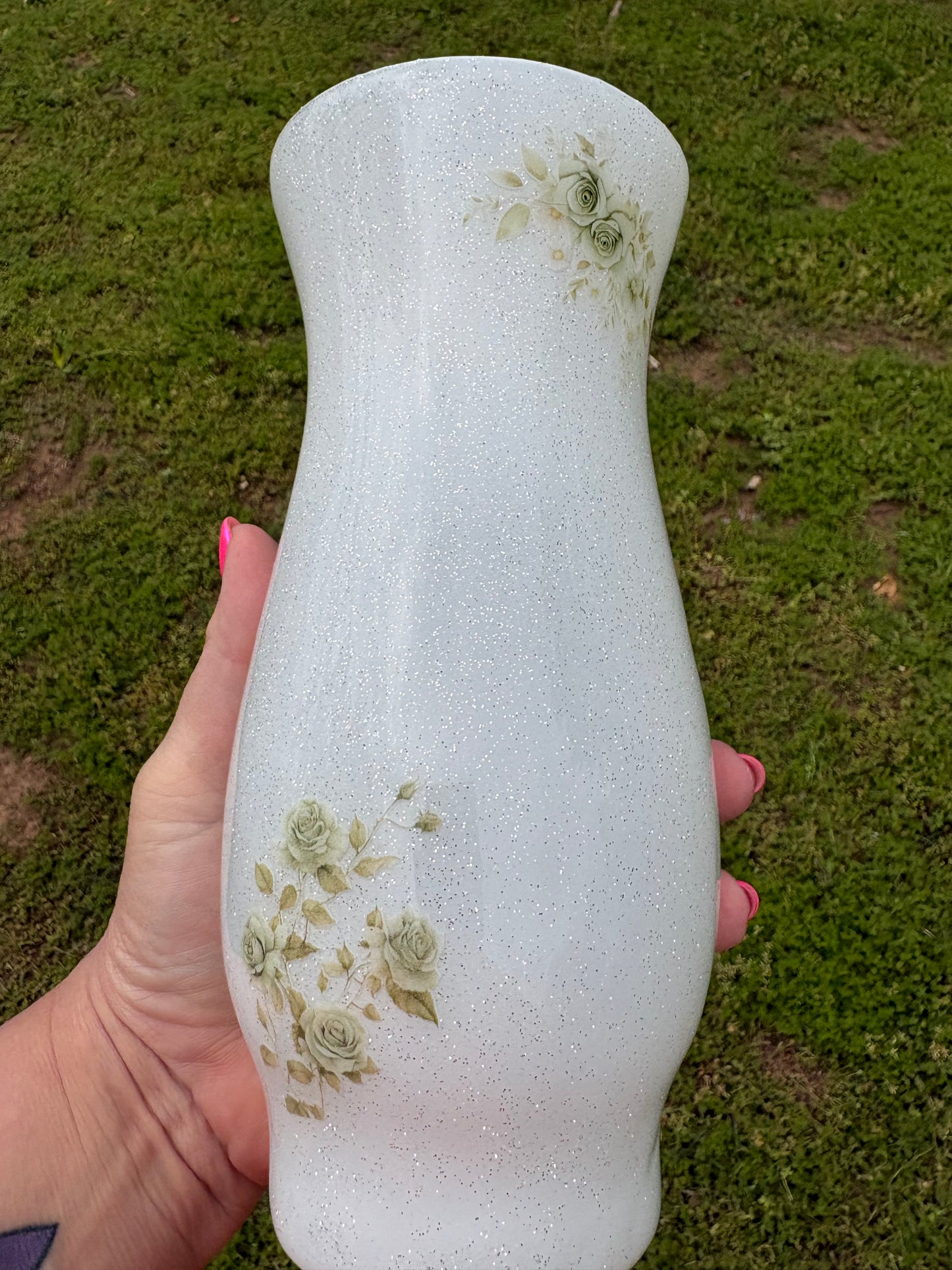 One of a Kind Handmade White Shimmer Vintage Rose Decorative Vase – Floral Home Decor