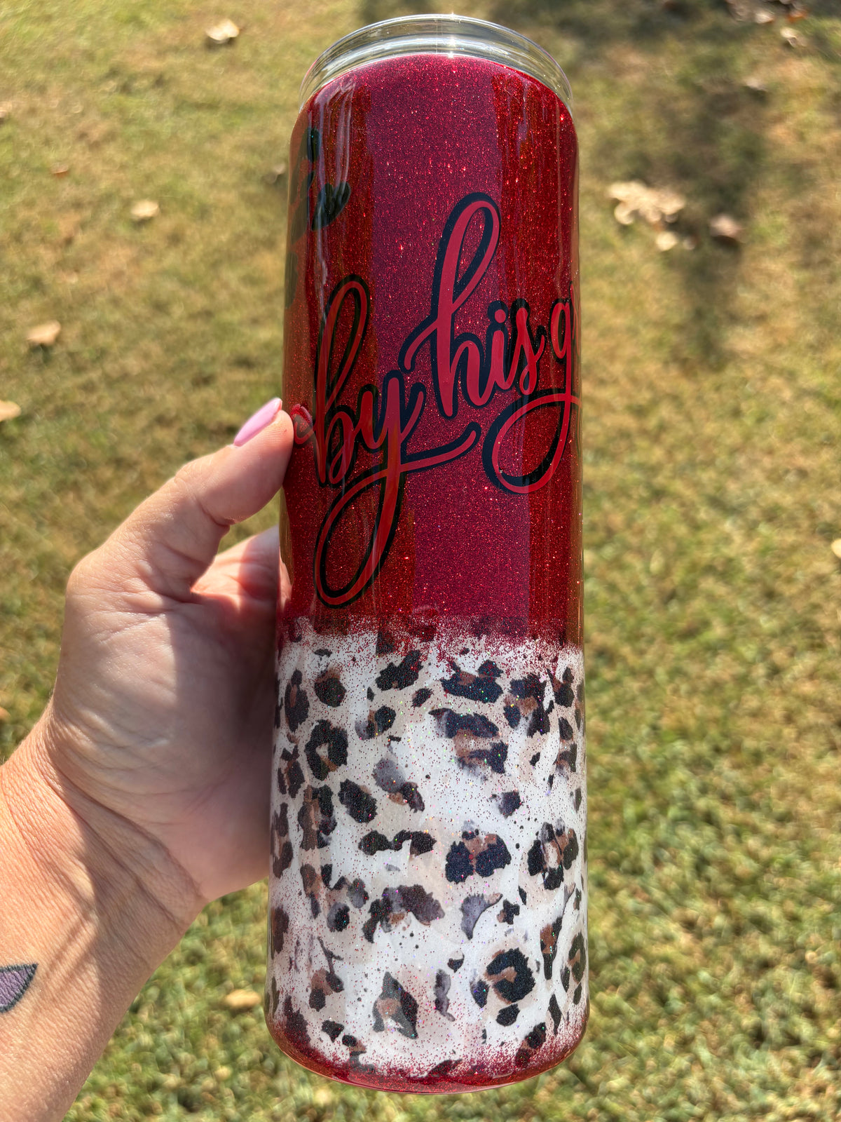By His Grace Elegant Red Glitter & Leopard Tumbler