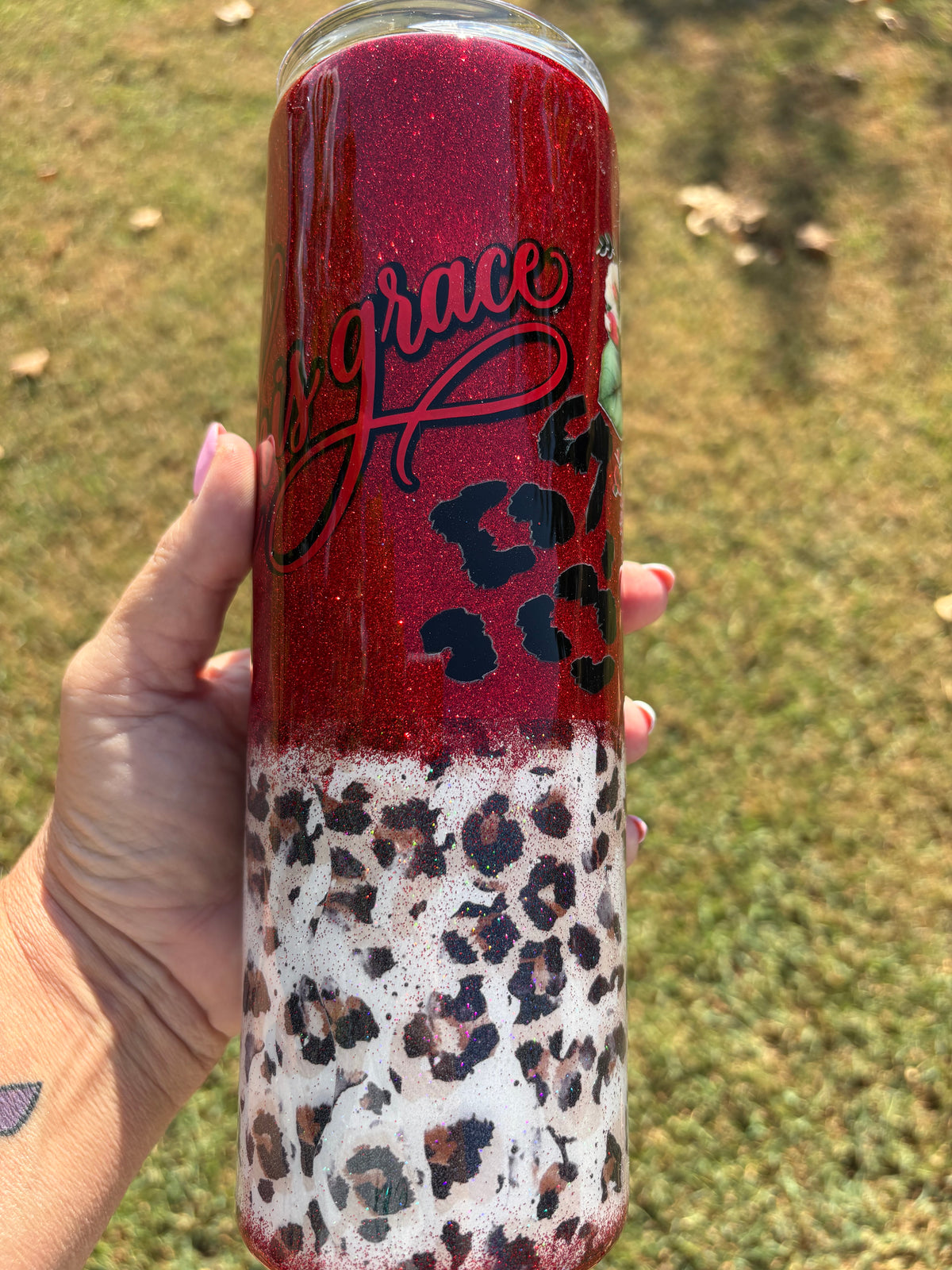By His Grace Elegant Red Glitter & Leopard Tumbler