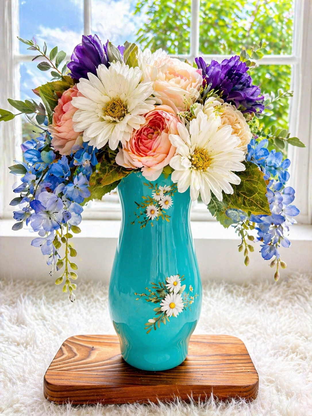 One of a Kind Handmade Teal Daisy Decorative Vase – Floral Home Decor