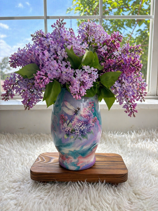 One of a Kind Handmade Decorative Vase – Lavender Dragonfly Floral Statement Piece