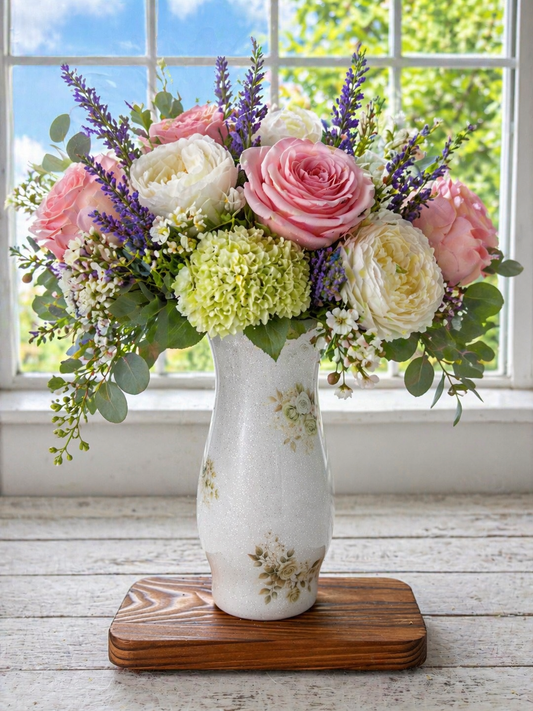 One of a Kind Handmade White Shimmer Vintage Rose Decorative Vase – Floral Home Decor