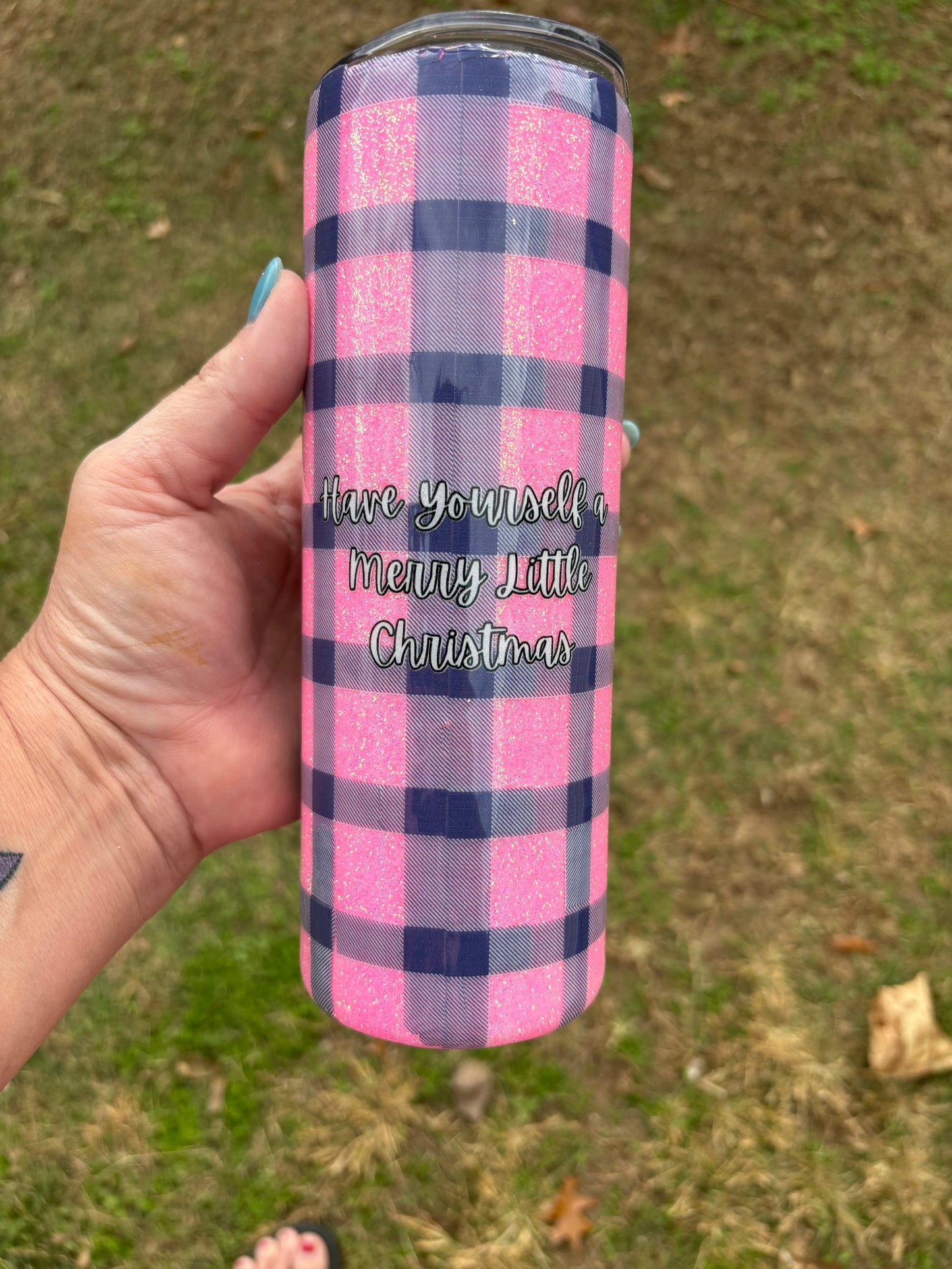 20 oz Pink Buffalo Plaid Christmas Tumbler – “Merry Little Christmas”