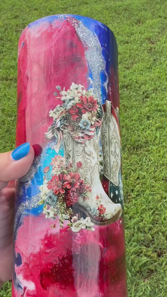 30 oz Patriotic Floral Cowboy Boots & Denim Bow Tumbler